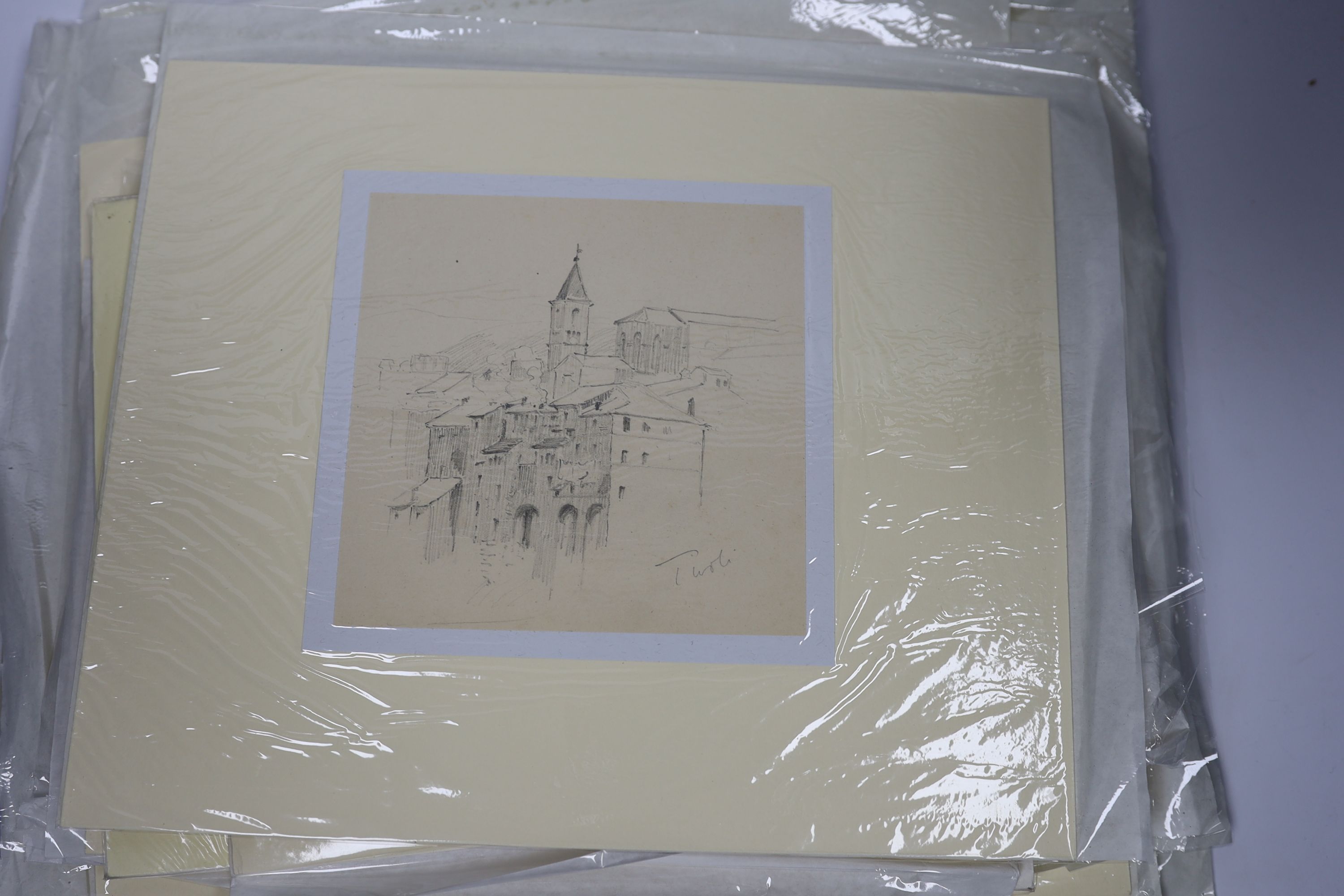 Twenty-three 19th century and later pencil, ink and watercolour sketches, Landscapes and architectural designs, including examples by Edward Goodall, unframed, largest 15.5cm x 20.5cm